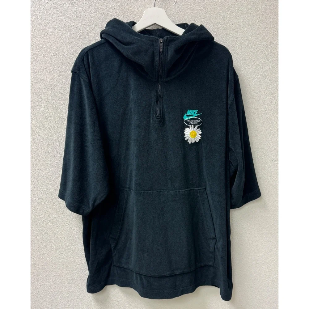 Nike Sportswear Womens Short Sleeve Half Zip Hoodie‎ Daisy Print Black XL